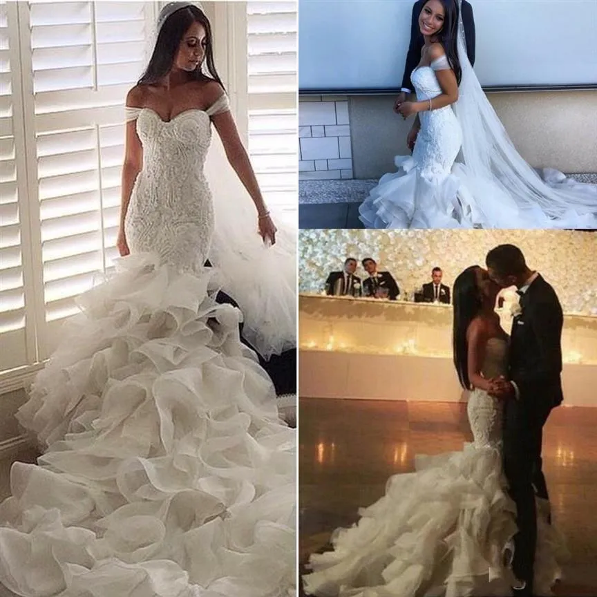 2021 Sexy Luxury Mermaid Wedding Dresses Formal Bridal Gowns Off Shoulder Lace Appliques Crystal Beaded Tiered Ruffles Organza Plu272b