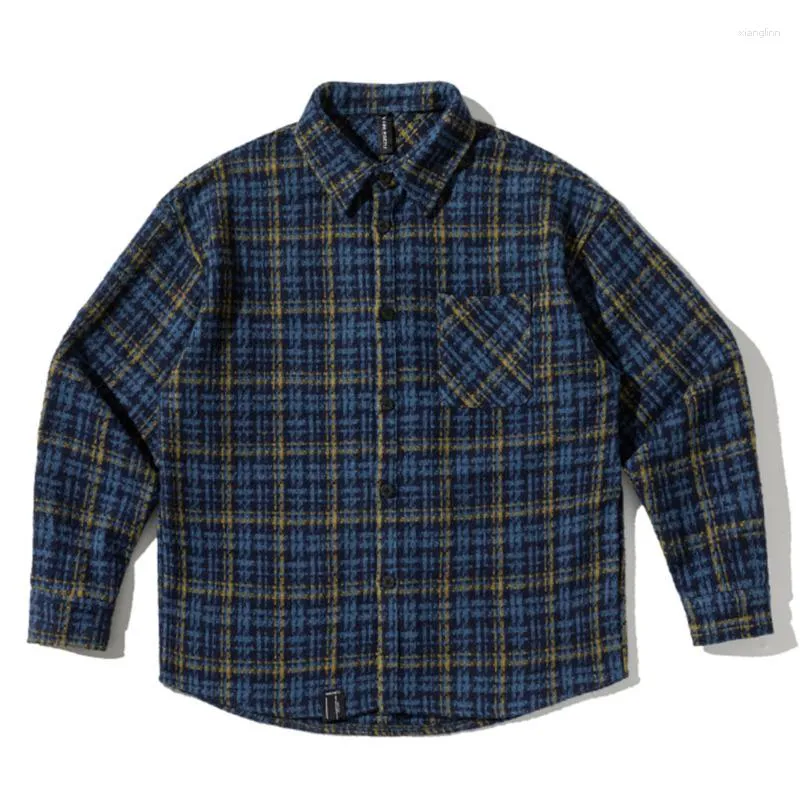 Männer Casual Hemden Herbst Plaid Woolen Langarm Hemd Männer Mode Japanische Retro Übergroße Lose Jacke Mann Mantel Kleidung