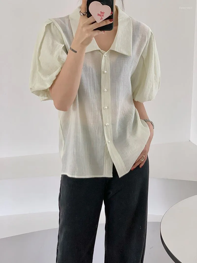 Women's Blouses Summer Puff Sleeve Thin Casual Shirt Women 2023 Fashion Korean Cute Pure Semi Sheer Blouse Top Light Green