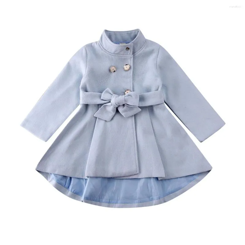 Coat 2023 Hösten Autumn 12m-5y Toddler Kid Baby Girl Double Breasted Bow Belt Flower Button Trench Långärmning Vindbrytare