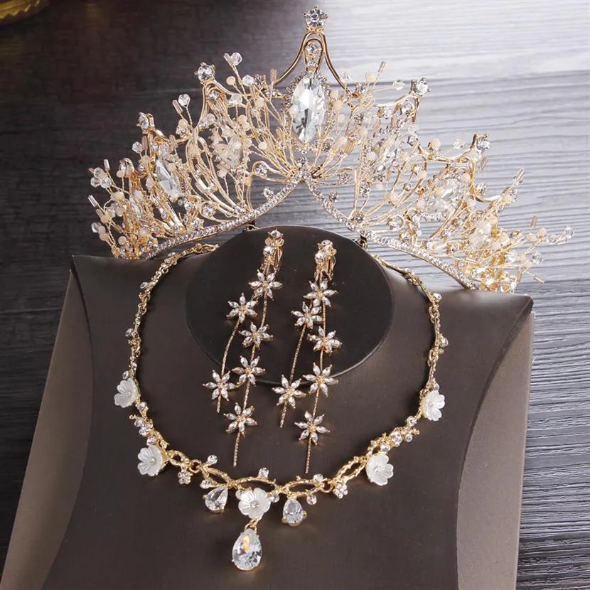 Guld brud kronor tiaras hår huvudstycke halsband örhängen tillbehör bröllop smycken uppsättningar billig modestil brud 3 bit231e