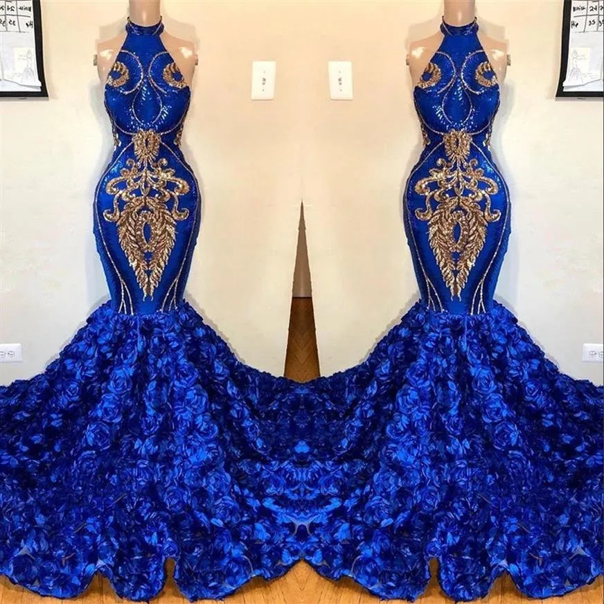 Royal Blue Mermaid Robes de bal 2019 Halter Lace Appliqued Magnifique jupe florale 3D Prom Party Robes de soirée pour les filles noires BC121283b