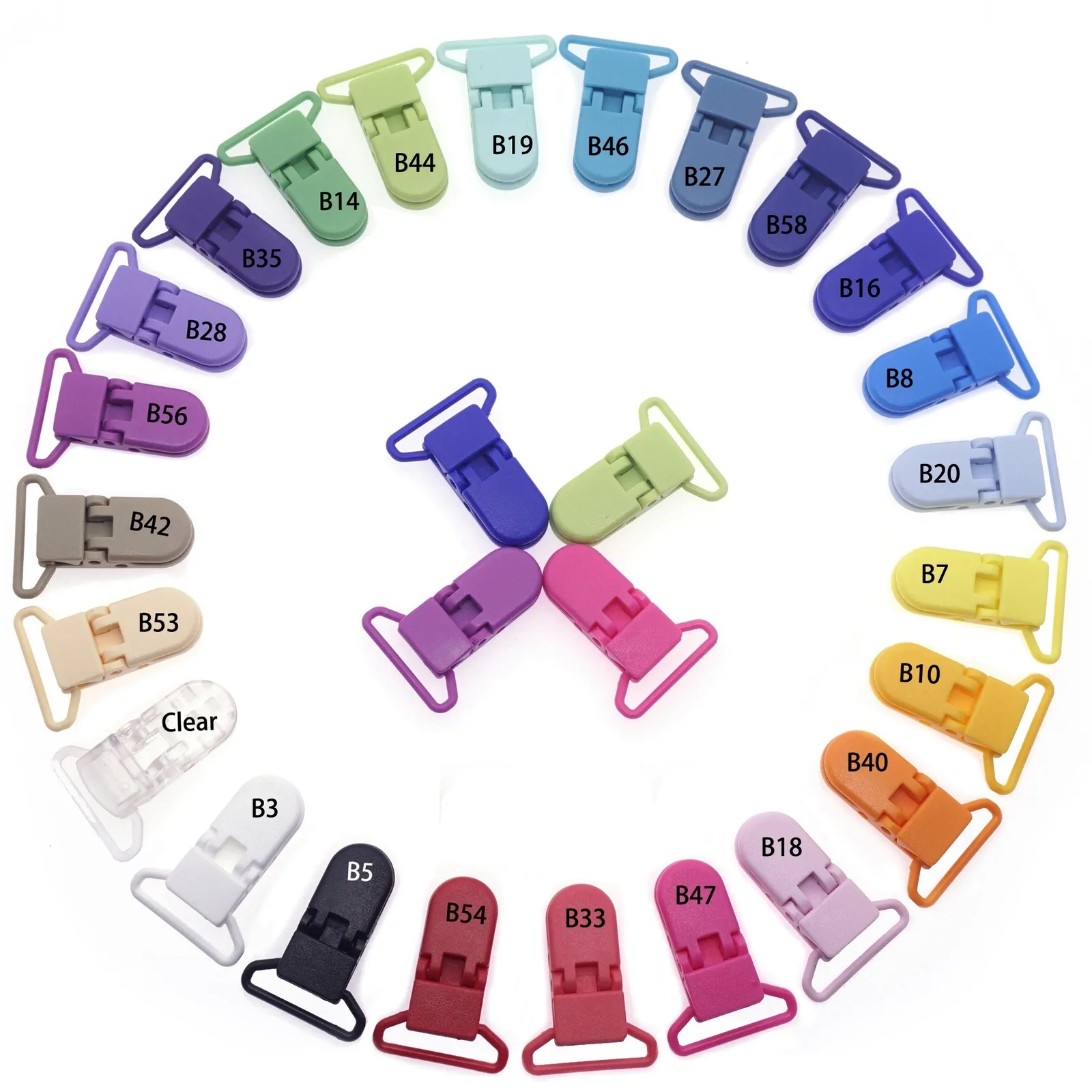 Jouets de dentition pour bébé 100 pièces 20 couleurs mélangées en forme de D 25mm en plastique bébé sucette Clip titulaire né bébé factice sucette bavoir jouet chaîne cadeau 230721