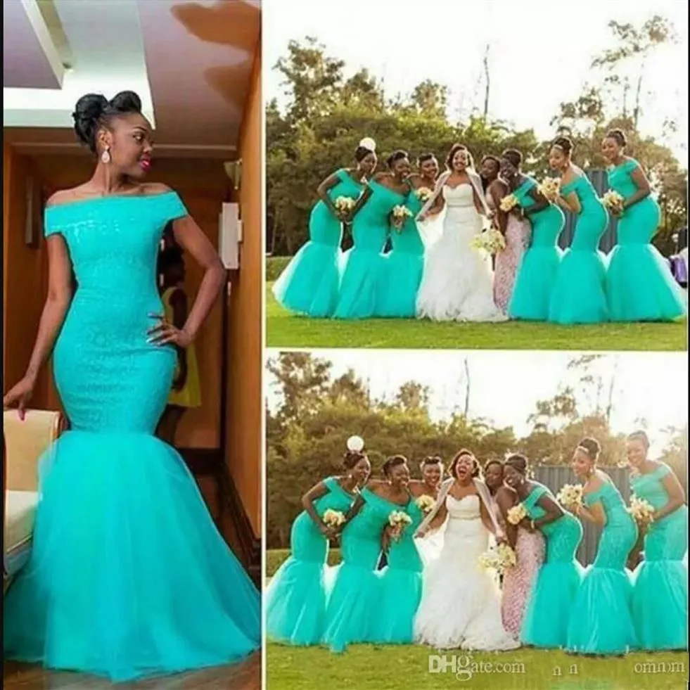 La maggior parte dei vestiti da damigella d'onore nigeriani in stile sudafricano Plus Size Abiti da damigella d'onore a sirena per matrimoni con spalle scoperte Turchese T237d