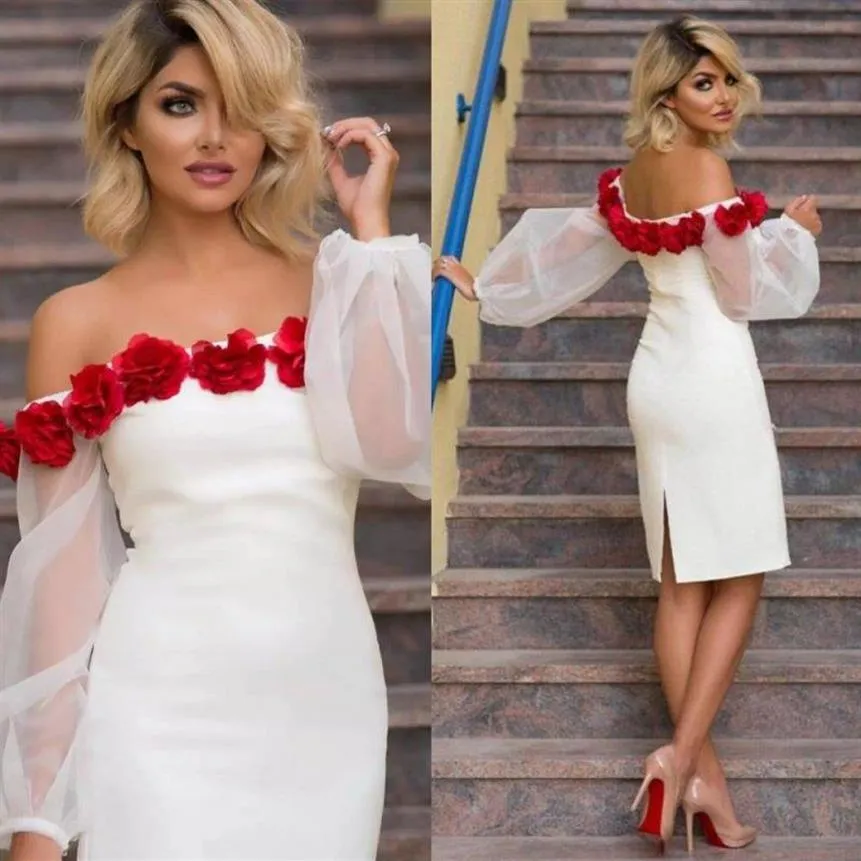 Arapça 3d Çiçek Kısa Balo Elbiseleri Aplike Pageant önlükleri vestidos de fiesta kokteyl elbiseleri diz uzunluğu parti elbisesi uzun kollu3159