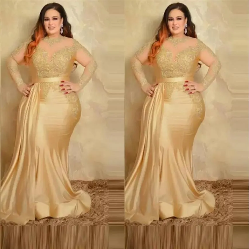 2022 Novos vestidos de noite elegantes plus size para mãe com mangas compridas renda dourada decote redondo sereia ocasião especial mãe do Bri287d