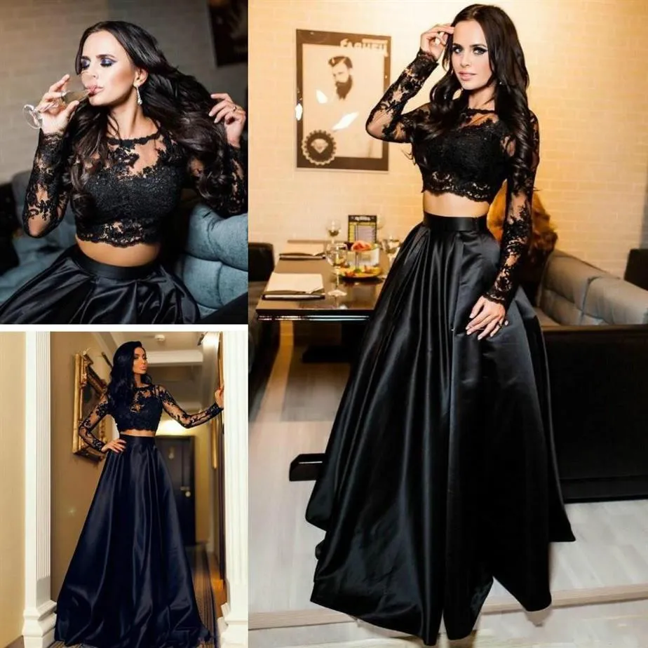 Sexy Zwei Stücke Arabisch Abendkleider Ball Spitze Langarm Schwarz Plus Größe 2018 Saudi Afrikanische Prom Party Frauen Kleider formale Wear252o