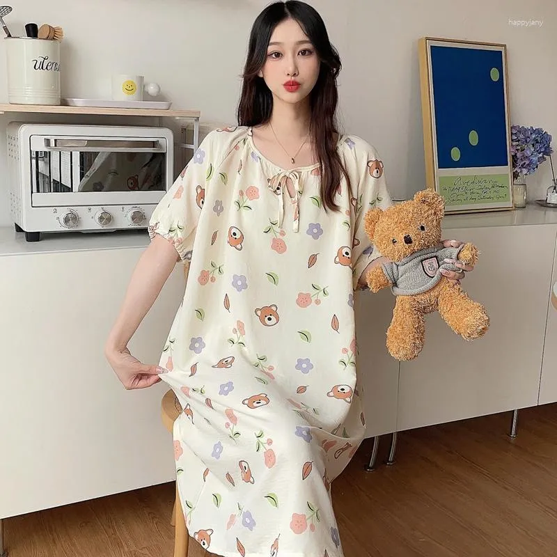 Kvinnors sömnkläder 2023 Summer Short Sleeve Cotton Nightrowns For Women Korean Söt tecknad hemkläder nattdress nattklänning nattlig