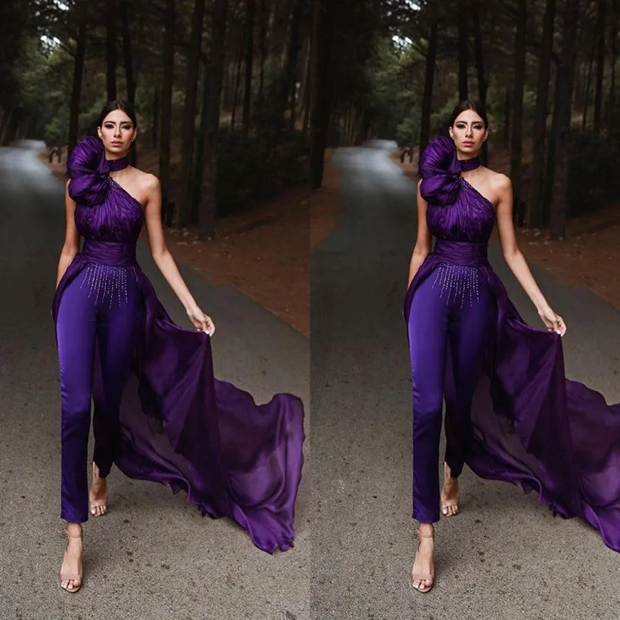 purple evening jumpsuit with long train halter sleeveless prom dress women pants suit saudi arabia celebrity red carpet gowns222p