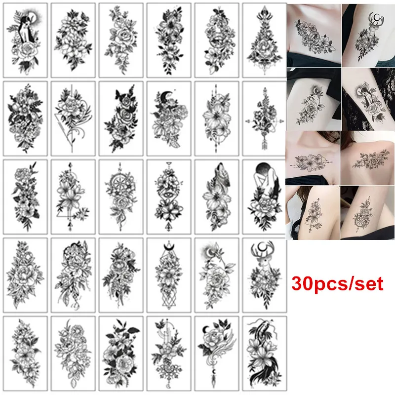 30 st/set falska tillfälliga tatueringar för kvinnor flickor vattentäta händer arm kropp tatuering klistermärken sexig blommor tatouage temporaire femme