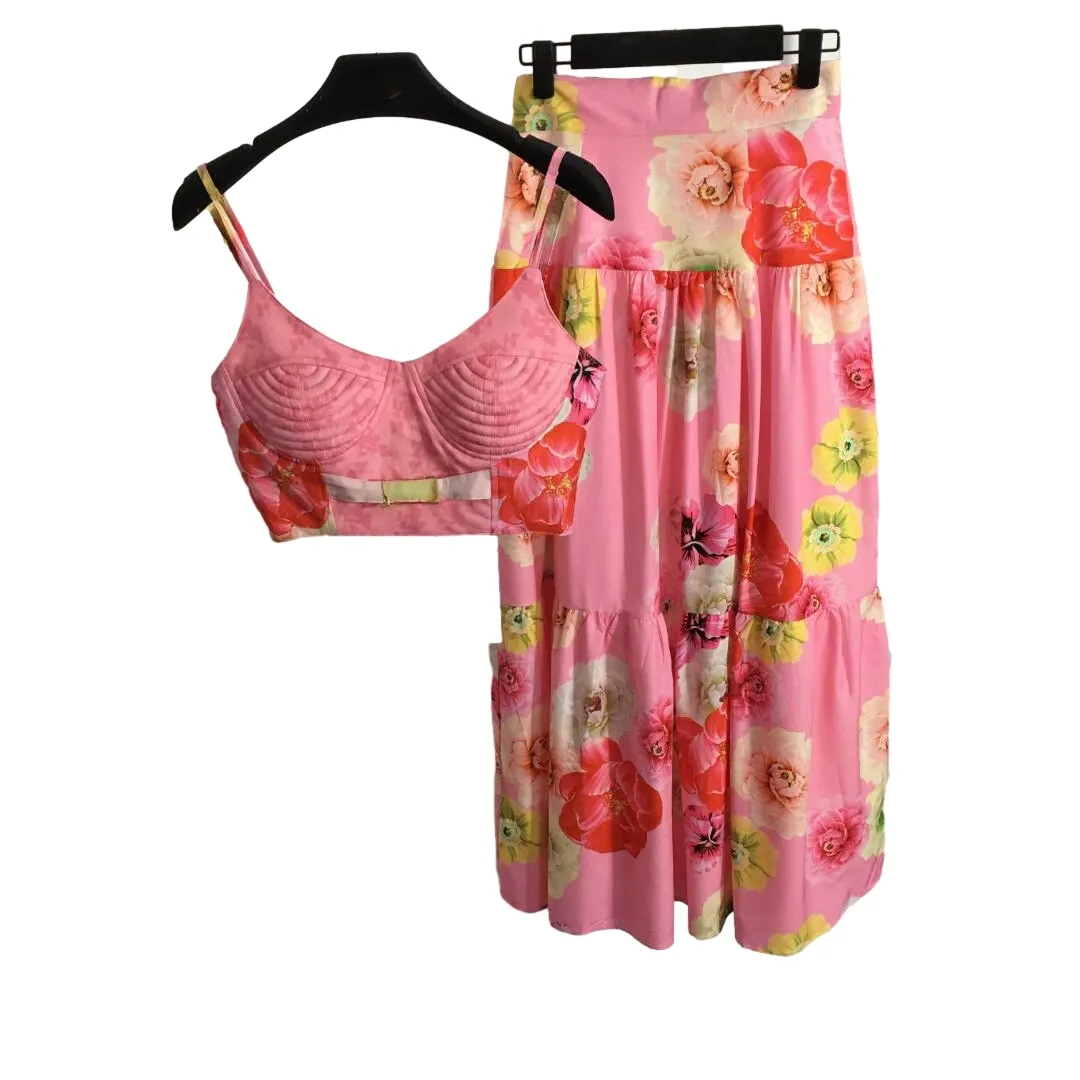 Designer deux pièces robe ensembles mode été femmes survêtements imprimer lettre floral jupe à volants avec débardeur femmes vêtements femme sexy plage survêtement