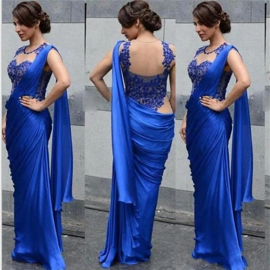 Arabisch Indiase Avondjurken 2020 Sexy Royal Blue Schede Applique Sheer Party Formele Prom Jassen robes de soiree2416