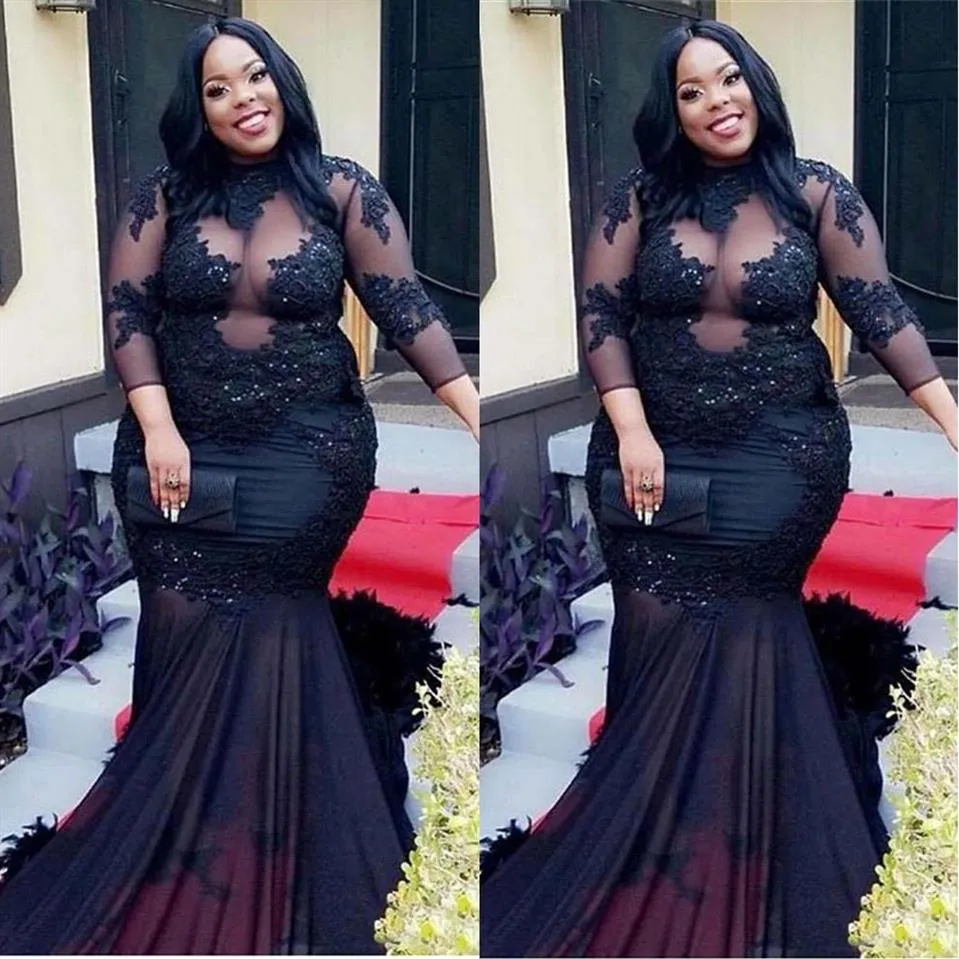 African Black Girls Plus Size Black Long Prom Dresses Mermaid High Neck Illusion Sheer Top Appliques Sequins Long Evening Gowns SD278C