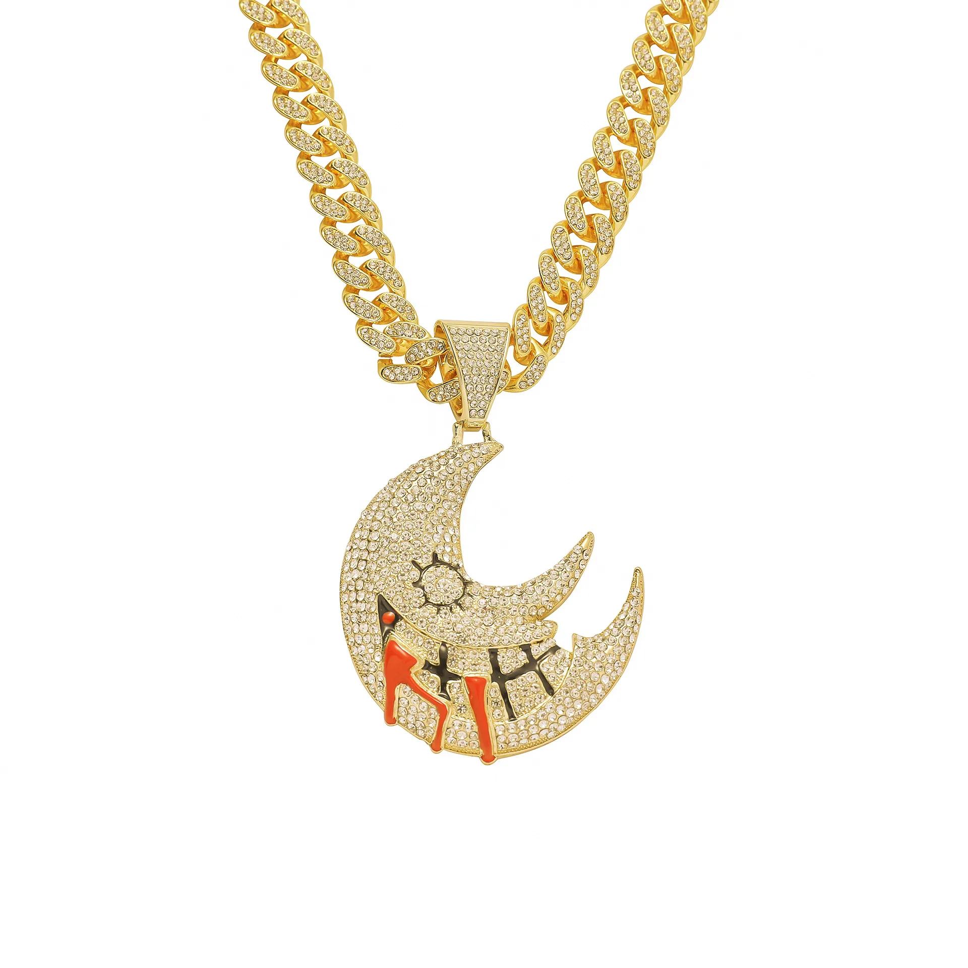 Hip Hop Rapper Men shiny diamond pendant gold necklace Iced out Funny moon pendant micro-inset full zircon jewelry night club punk 50cm Miami Cuban chain 1561