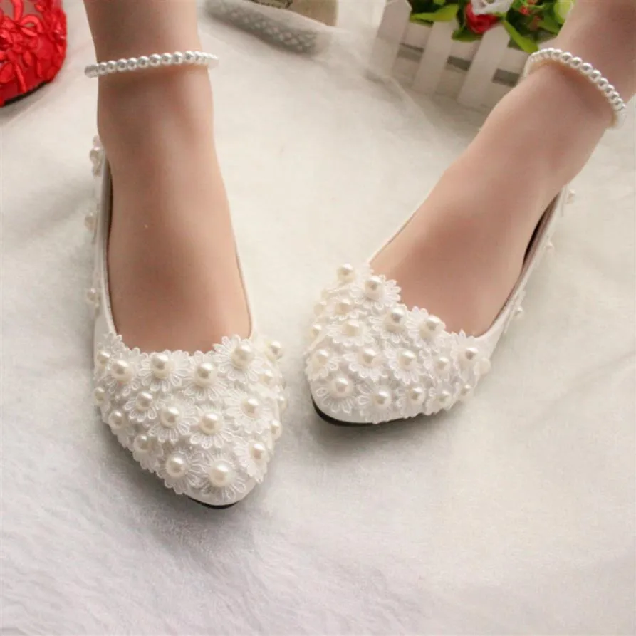 New Arrival Pearls Lace Flowers Wedding Shoes Flats 3CM Or 8CM Bridal Heels With Pearl Strap Pointed Toe Heel285A