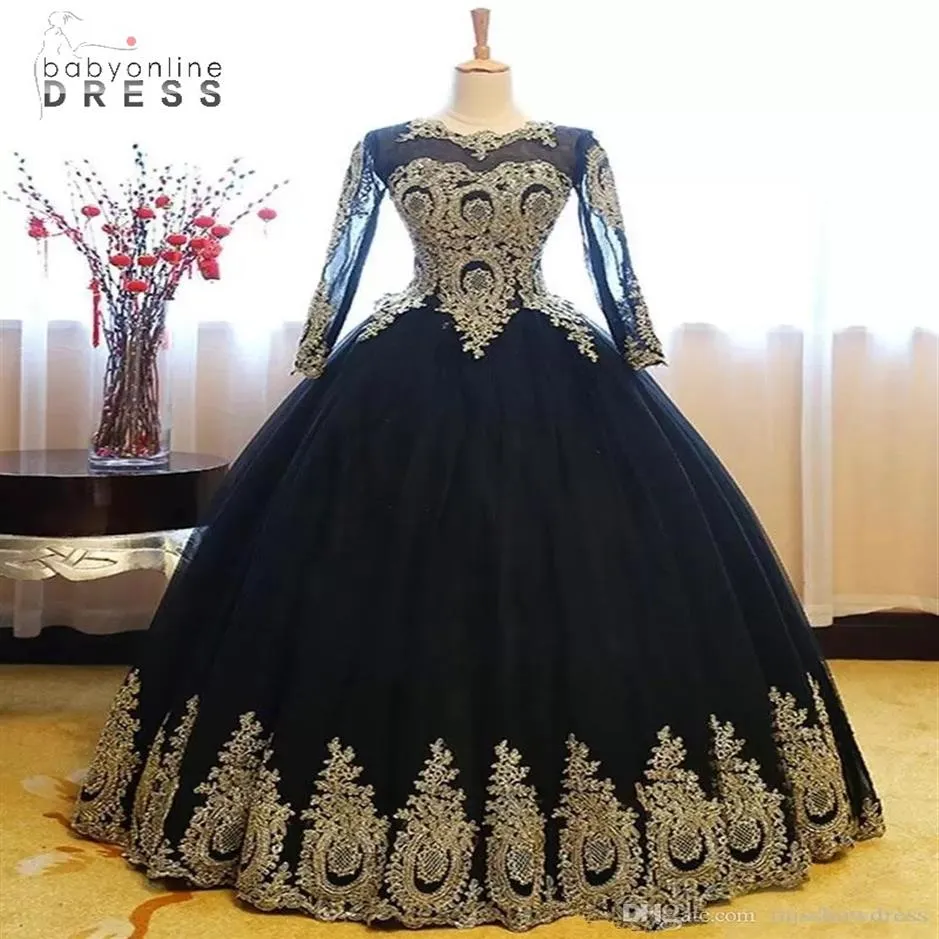 Elegant Black Gold Lace Ball Gown Quinceanera Dresses Sheer Long Sleeves Applique Beaded Sweet 16 Year Floor Length Prom Party Eve217F