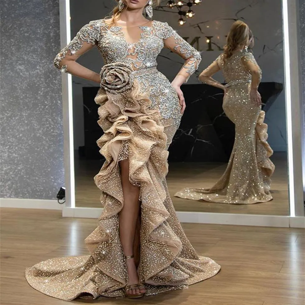 Plus -storlek guld paljetter sjöjungfrun prom klänningar eleganta långa ärmar aftonklänningar från axel kvinnor billig hög delad formell klänning 20288m