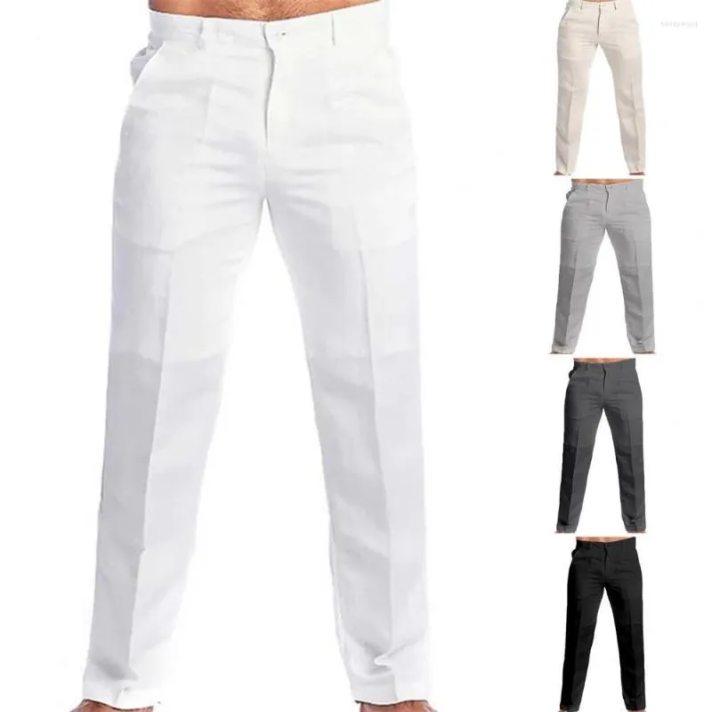 Calças Masculinas Cor Sólida Ajuste Justo Homens Longo Cintura Média Bolsos com Botões e Perna Reta Calças Lazer Streetwear