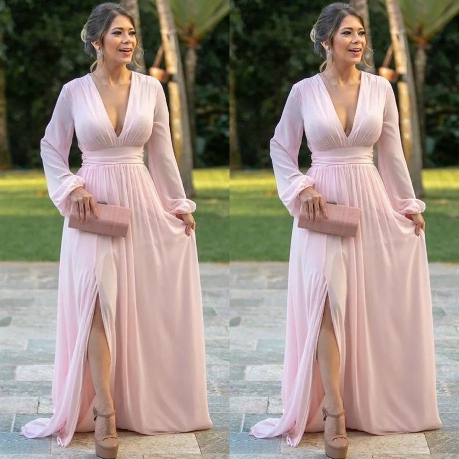 Abiti da sera in chiffon rosa chiaro Profondo scollo a V maniche lunghe Abito da ballo Spacco laterale Una linea Abiti da festa per la sposa216r