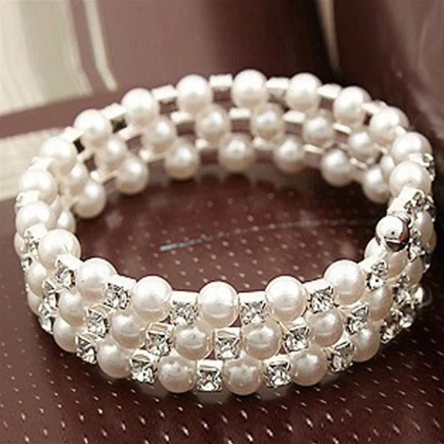 Tre rader faux pärlor kristallarmband brudtillbehör Rhinestone Prom Party Dresses Wedding Jewelry Supplies Event Attraktiv207U