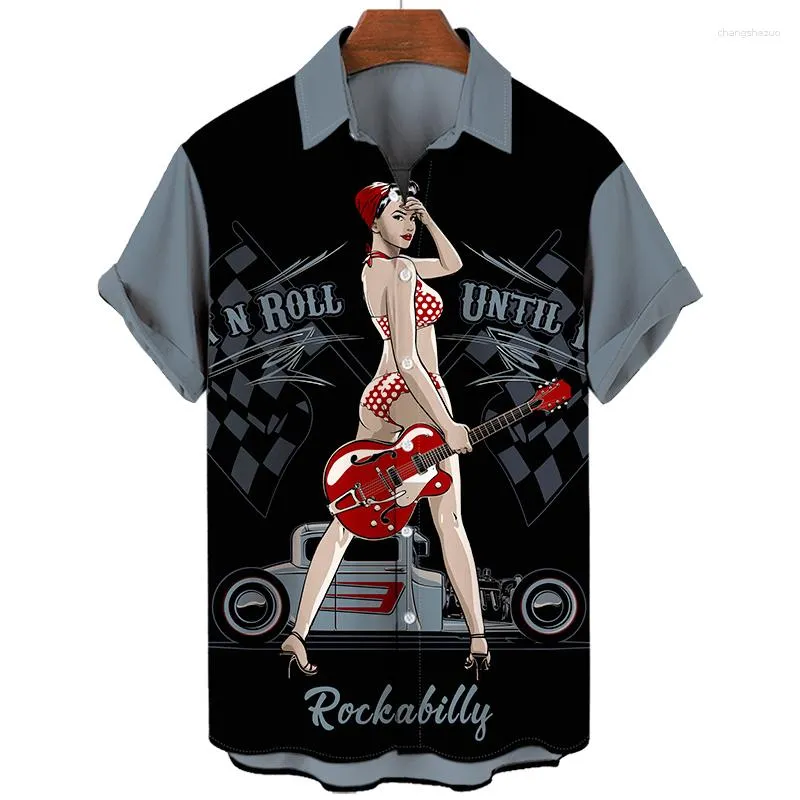 Men's T Shirts Rockabilly Rocker Print Summer Casual Oversized Short Sleeve Fashion Single-Breasted Blouses Trend Lapel Men