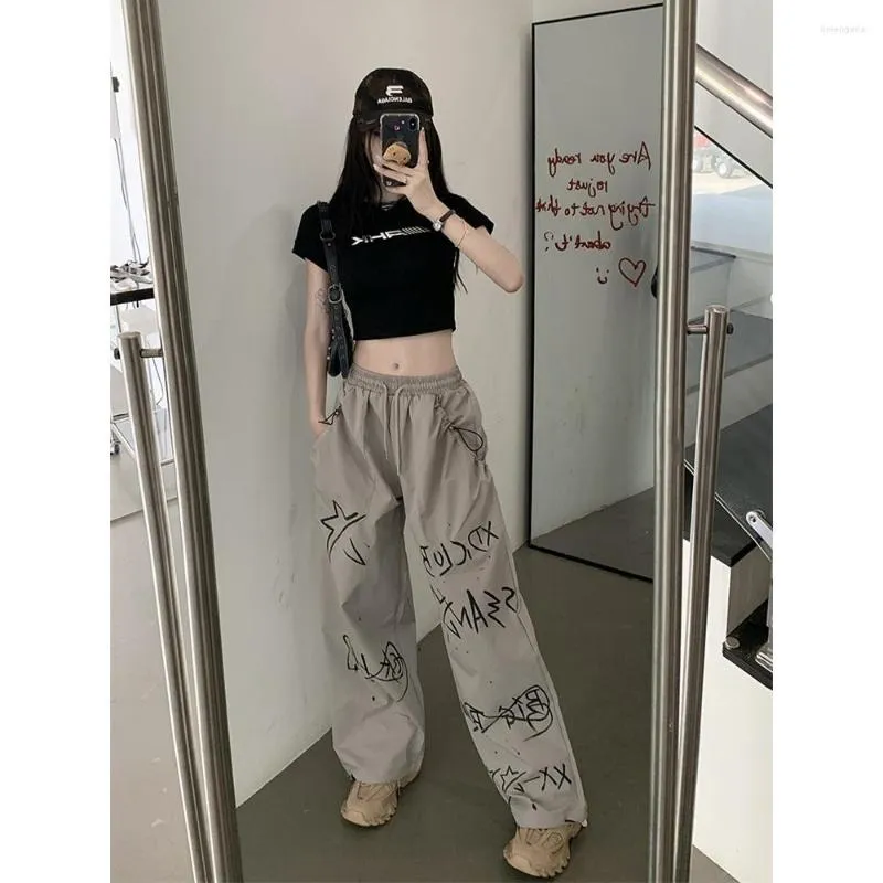 Jeans Feminino Calça Feminina Cintura Alta Streetwear Calça Feminina Grafite Solta Casual Senhoras Estilo Americano Fino Protetor Solar Cargo INS