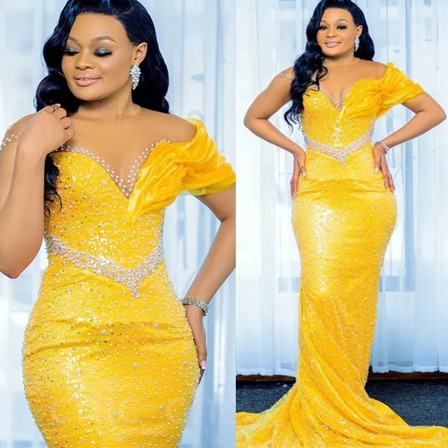 2023 Aso Ebi Jaune Sirène Robe De Bal Perlée Dentelle À Paillettes Soirée Formelle Deuxième Réception Anniversaire Robes De Fiançailles Robes Robe De Soirée ZJ756