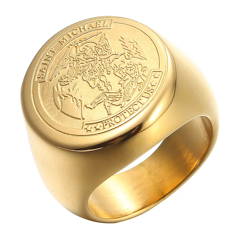 Saint Michael Rings for Man Stainless Steel Archangel Medal Round Signet Ring Gold Silver Color Engraving Jewelry