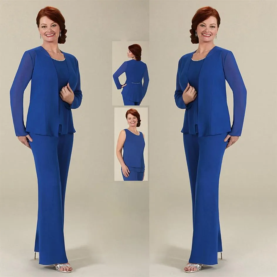 2020 Ursula Bleu Mère De La Mariée Pantalon Costumes Avec Veste Cheville Longueur Manches Longues Invité De Mariage Robe En Mousseline De Soie Tenue De Bal Robe312S