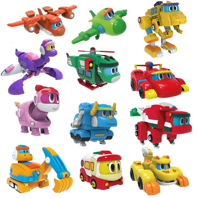Transformation toys Robots est ABS Min Deformation Gogo Dino Action Figures REX Transformation Car Airplane Motorboat Crane Dinosaur toys for Kids 230721
