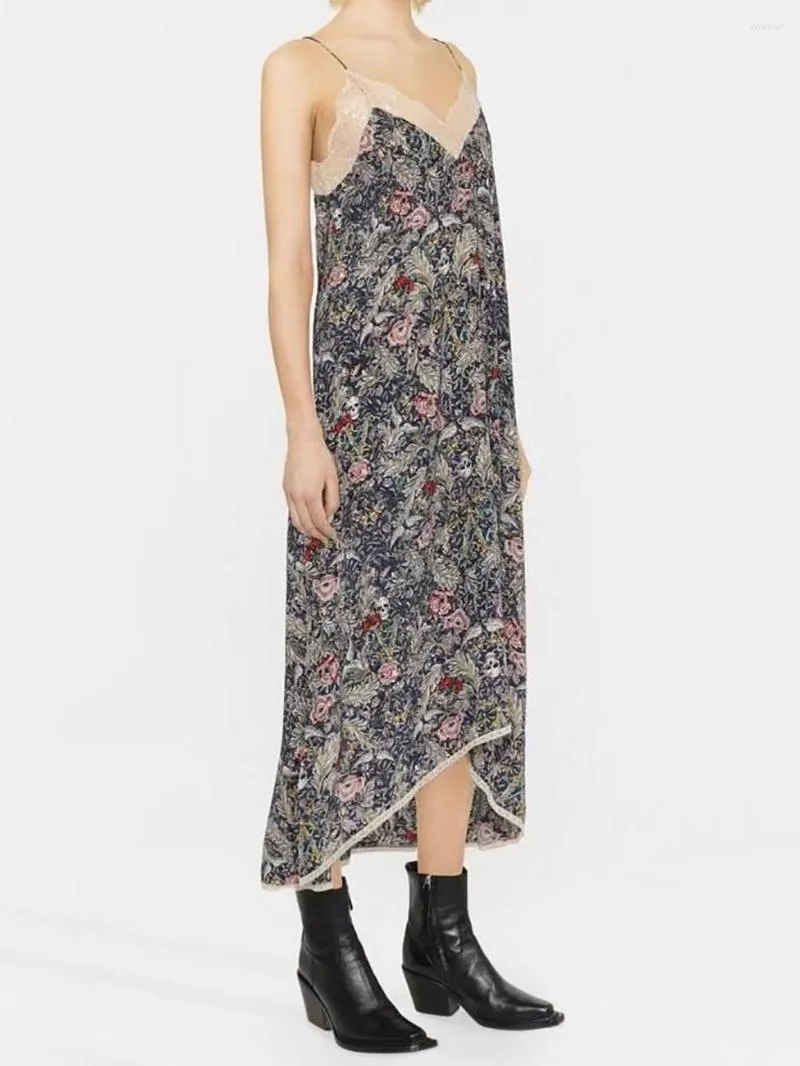 Casual Dresses ZESSAM Small Flower Graphic Print Women Dress Summer V-Neck Lady Slip Long Skirt Classic Femme 2023