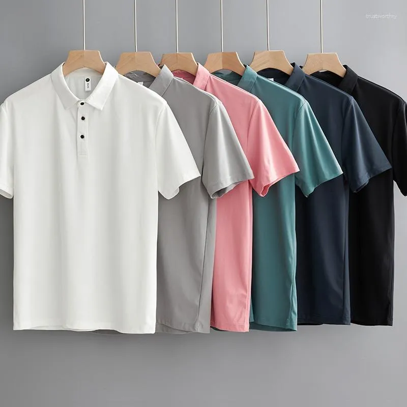 Herr t-skjortor riktiga po nylon is cool elastisk sommar fast färg affär casual polo kort ärm t-shirt män