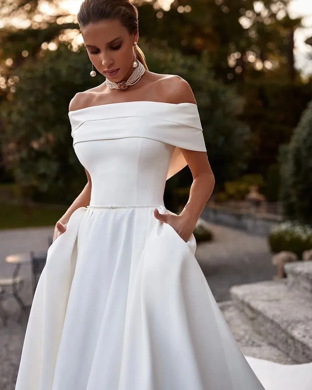 A Line Drape Strapless Satin Wedding Dress With Pockets A Line Drape Strapless Satin Wedding Dress With Pockets
