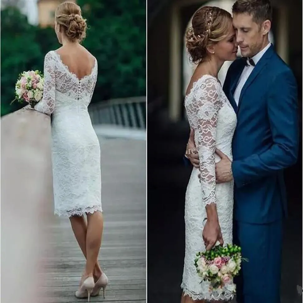 Charming Gowns Dresses Short Full Lace Wedding Long Sleeves Sheath Knee Length Country Beach Dress For Bridal Vestidos De Noiva236j