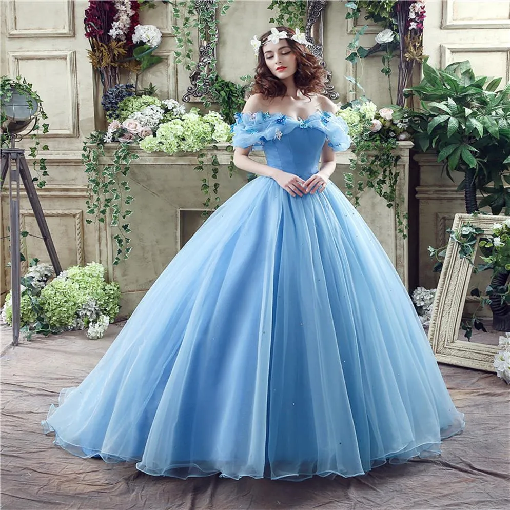 Robes de Quinceanera bleu ciel robe de bal robe de princesse longueur de plancher sur l'épaule avec papillon 3d doux 16 seize bal Dress2580