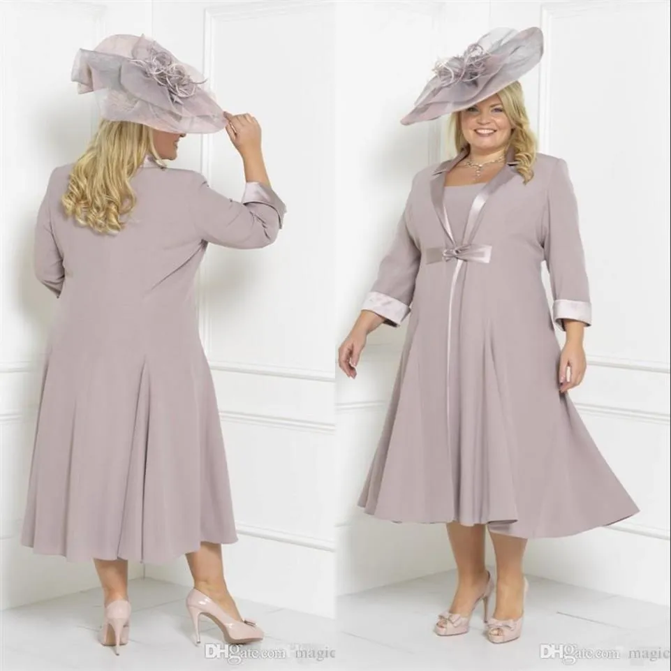 2018 TEA-LÄNGD Modest Chiffon Mother of the Bride Dresses With Long Jackets Formella tillfälle Kvällsklänningar Elegant Plus Size Prom 239Z