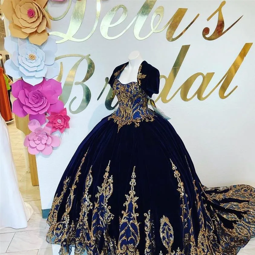 2022 Luxury Gold Sequined Lace Dark Blue Quinceanera Prom Dresses Velvet Charro With Jacket Ball Gown Sweet 16 Dress Vestidos 15 A212C