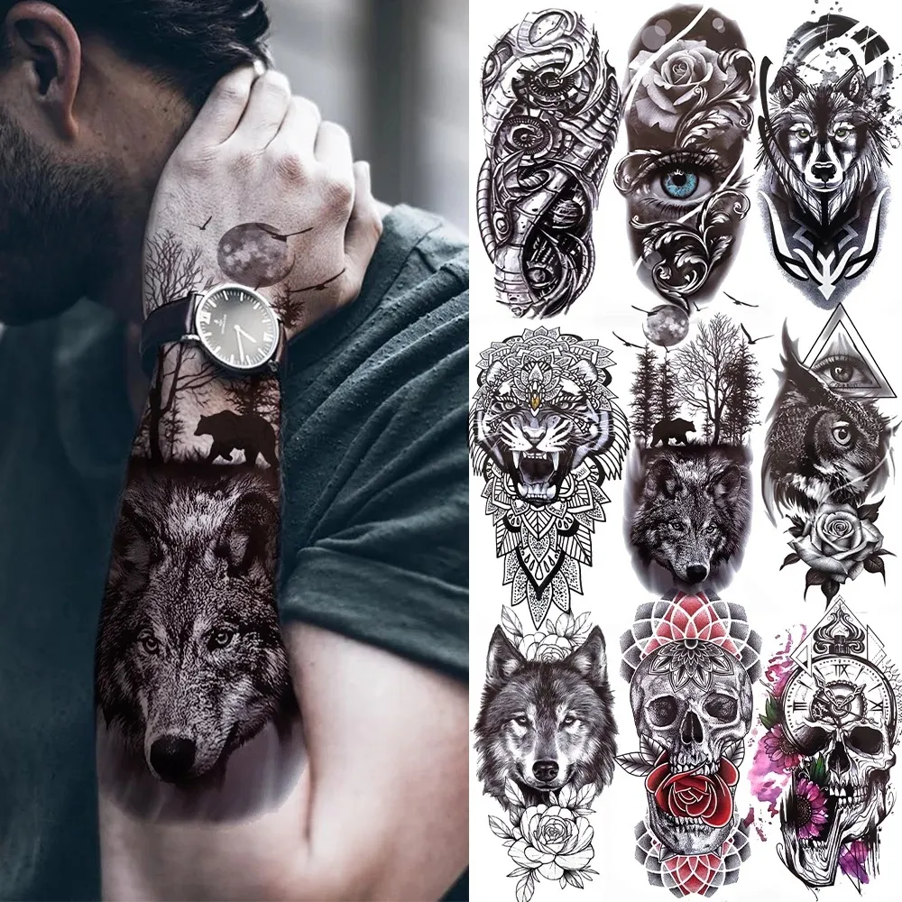 1pc Black Forest Tattoo Sticker för män Kvinnor Tiger Wolf Death Skull Temporär falsk henna skelett King Animal Tatoo