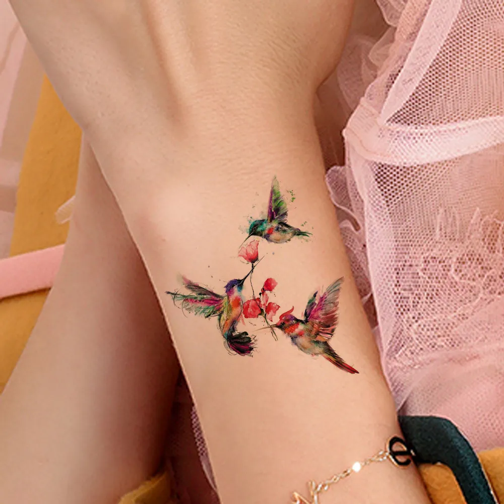 Impermeabile Flash Colibrì Polso Braccio Tatuaggi Temporanei Donne Ragazze Body Art Tatuaggio Adesivi Uccelli Floreali Tatuaggi Personalizzati Decalcomanie