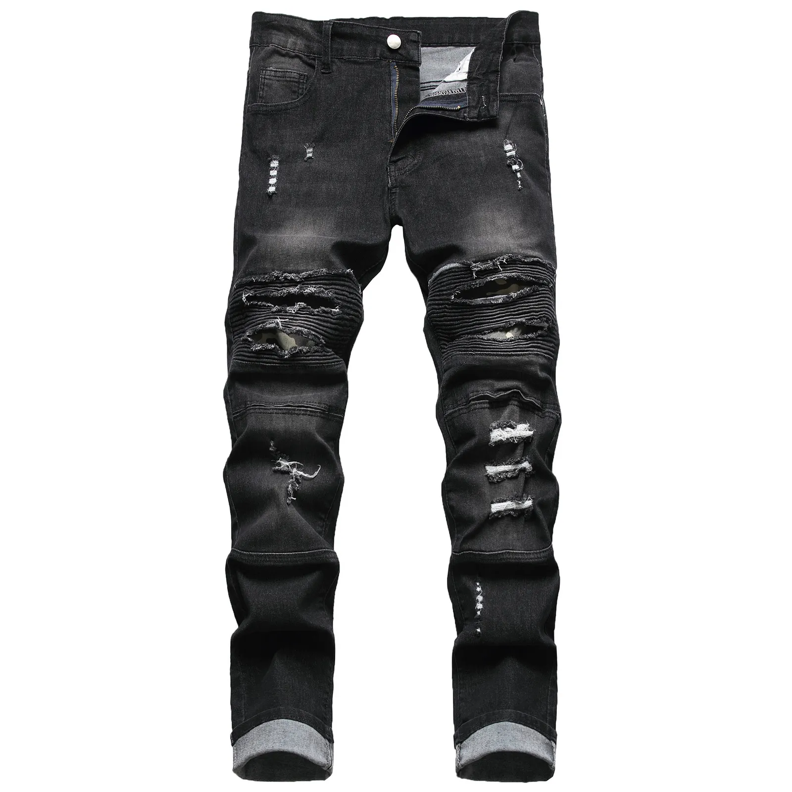 Mens Jeans ripped stretch jeans black motorcycle slim casual 230721