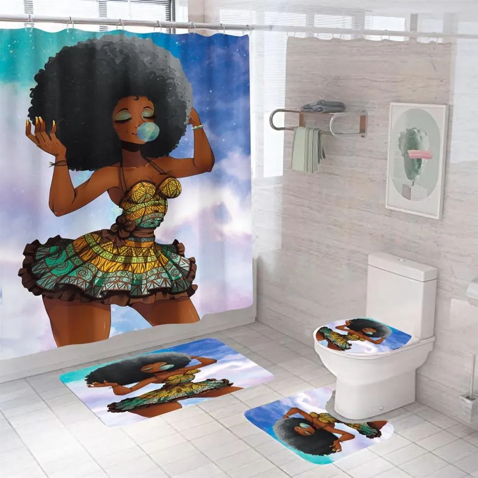 4 st badrum duschgardin set vattentät tecknad afrikansk flicka badgardiner utskrift u markmatta täckning 180x180 cm toalettstol 3380