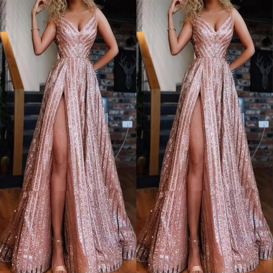 Sparkly Rose Gold South African Prom Bridesmaid klänningar med remmar en linje hög delad ruched kväll formell tävlingsklänning308v