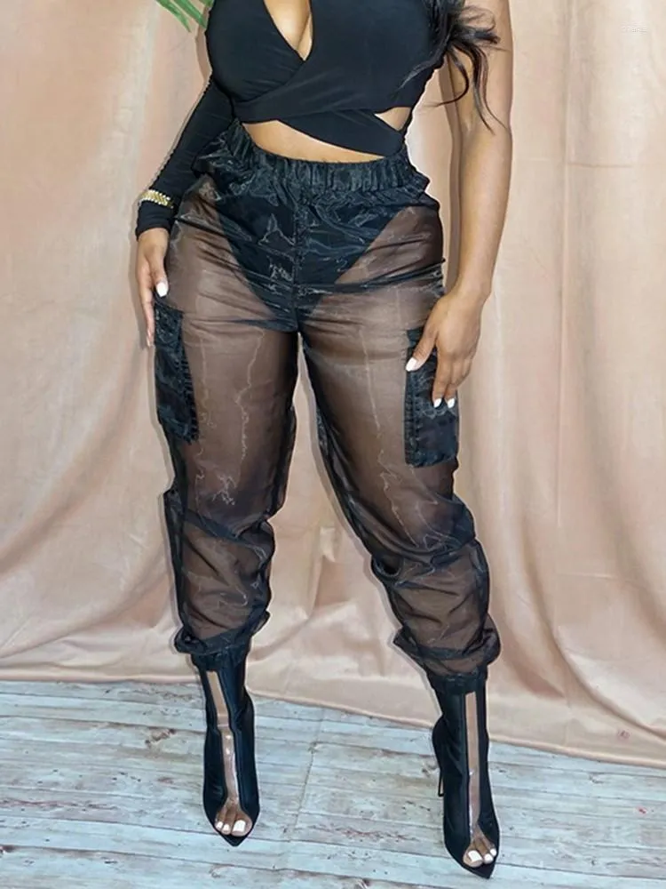 Pantalon femme Sexy maille noire transparente taille haute Cargo Organza pantalon de survêtement mode Summe pantalon ample femmes Transparent
