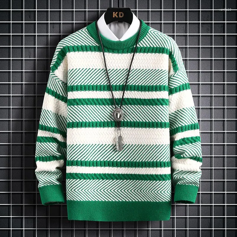 Suéter Masculino Listrado Suéter Quente Espessado/ Alta Qualidade Outono Inverno Gola Regata Color Blocking Solto Slim Fit Pulôver De Tricô Casual