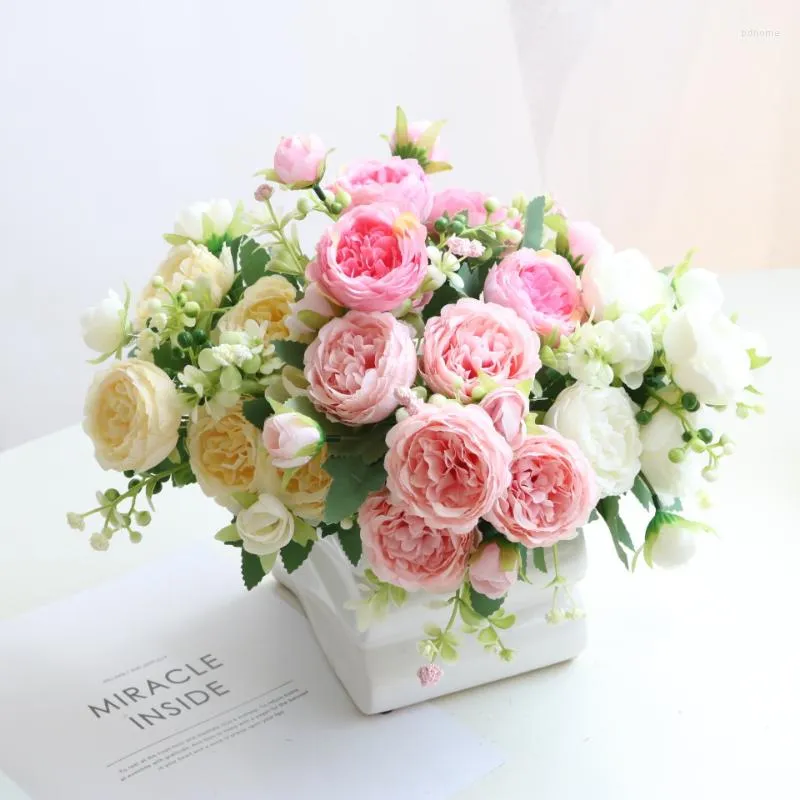 Fleurs décoratives Rose Fleur Artificielle DIY Pivoine Décoration De Mariage Mariée Soie Rose Bouquet Maison Mariage Faux