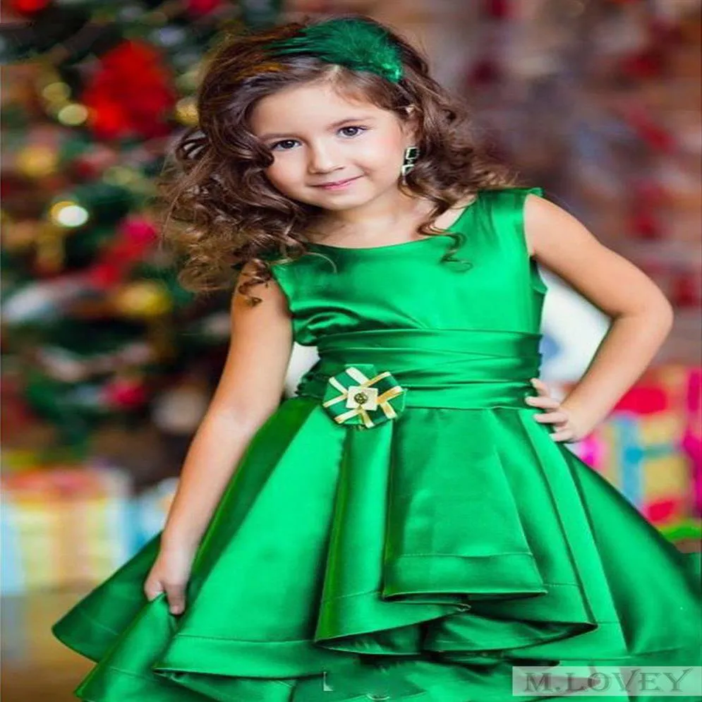 Satin Emerald Green Kids Fageant Dress Dress Farty Party Party с экипаж Высоко низкие девочки Formal Dress254R