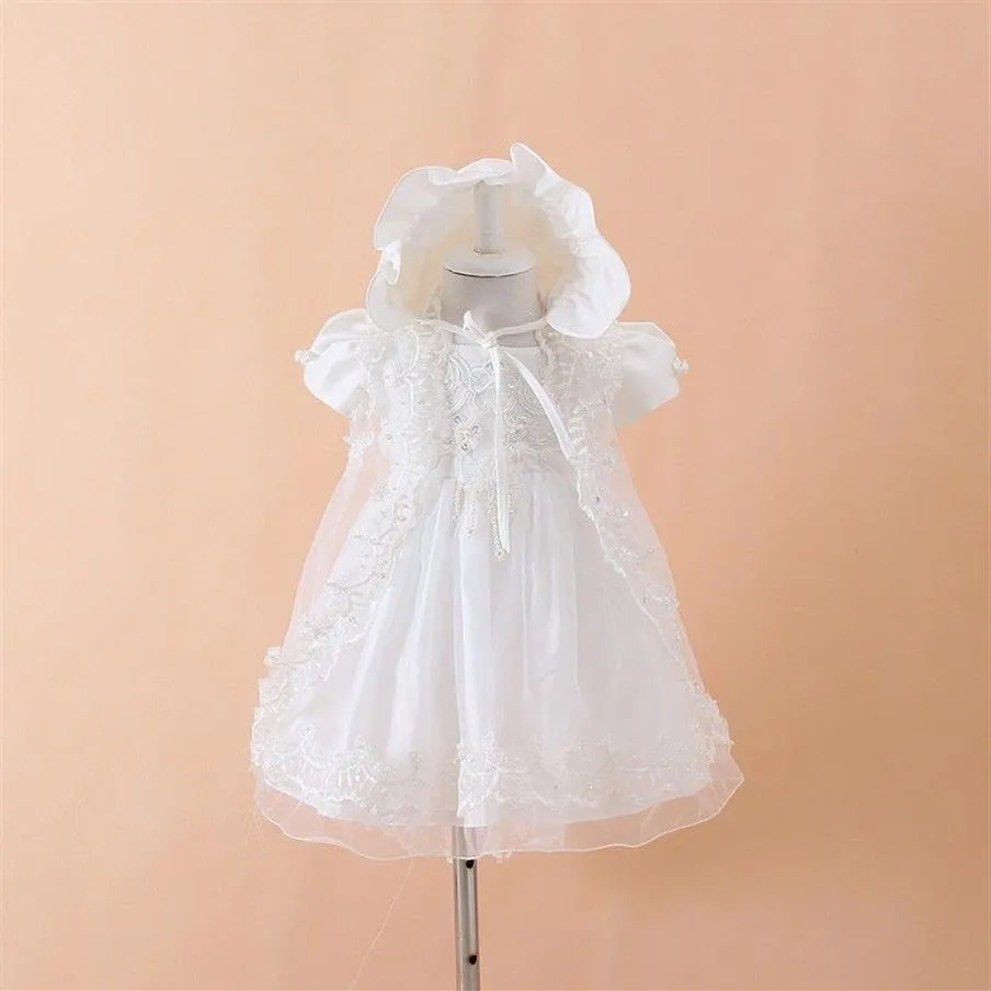 Baby Girls Christening Gown Dresses Hat Shawl Vestidos Infantis Princess Wedding Party Lace Dress for Newborn Baptism 3PCS297r