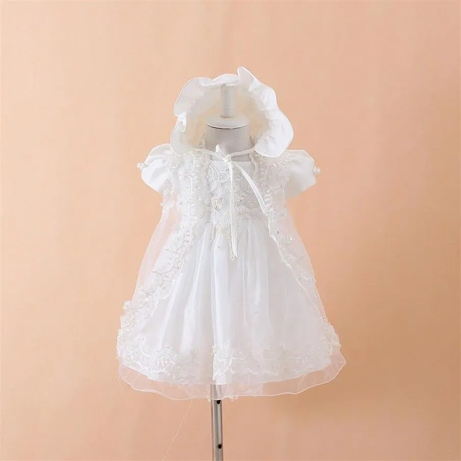 Bebê Meninas Vestido de Baptizado Vestidos Chapéu Xaile Vestidos Infantis Princesa Festa de Casamento Vestido de Renda para Batismo Recém-nascido 3PCS297r