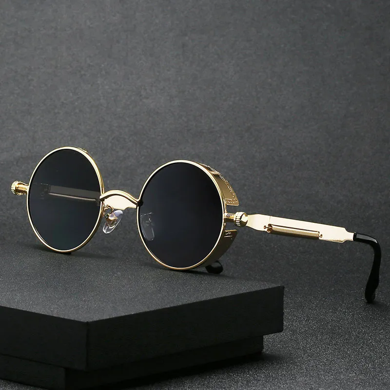 Märke runda solglasögon man kvinna gotisk steampunk solglasögon manlig kvinnlig metall retro designer spegel vintage gafas de sol