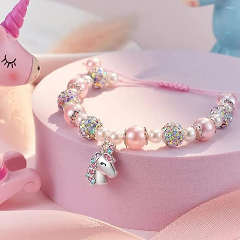 Bracciale da donna regolabile in lunghezza con perline di cartone animato con ciondolo con gioielli in strass scintillanti per ragazza